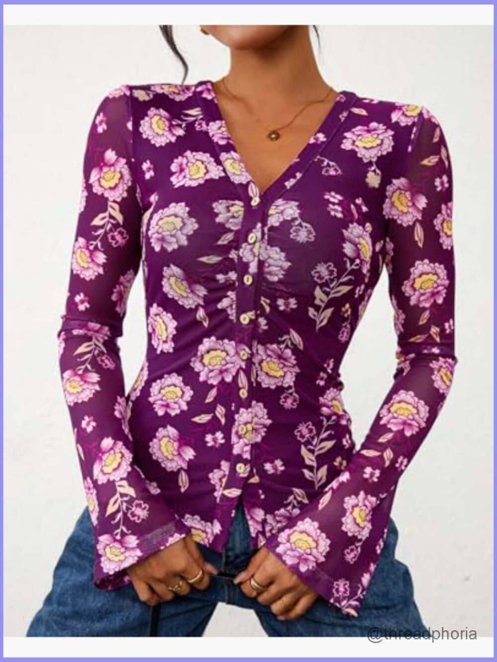 V-Neck Long Sleeve Floral Blouse Ruched Button Down Shirt Boho Top - Picture 3 of 7